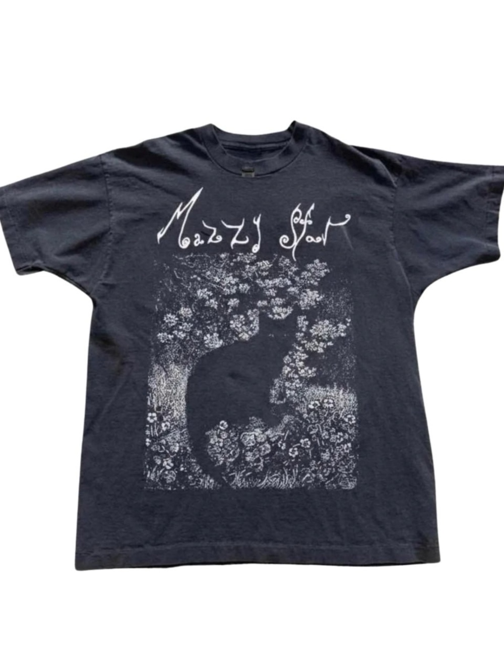 Black Tee with White Floral Cat Graphic